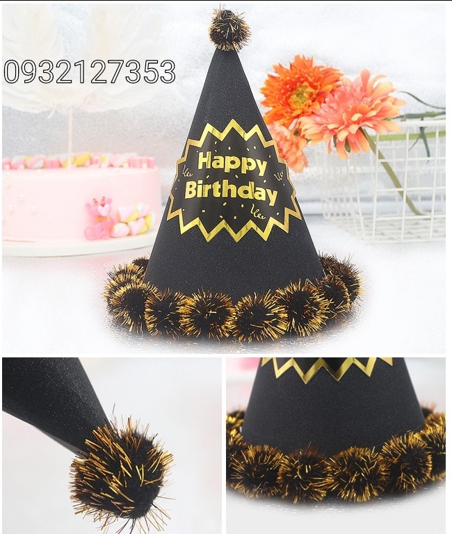 NÓN MÀU ĐEN VIỀN KIM TUYẾN VÀNG CAO 20CM NÓN MÀU ĐEN VIỀN KIM TUYẾN VÀNG CAO 20CM