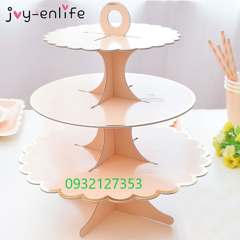 KỆ BÁNH 3 TẦNG MÀU PASTEL HỒNG VIỀN ÉP KIM GIẤY CAO CẤP KỆ BÁNH 3 TẦNG MÀU PASTEL HỒNG VIỀN ÉP KIM GIẤY CAO CẤP