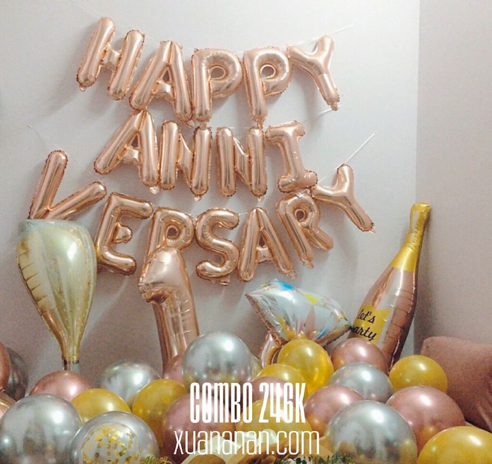 Combo trang trí tiệc kỷ niệm Happy Anniversary màu rosegold [206K]