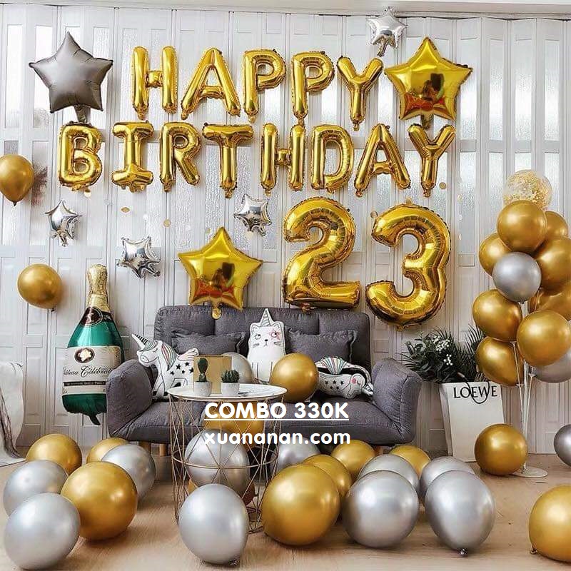 Combo trang trí sinh nhật siêu nhũ Vàng Bạc [199K]